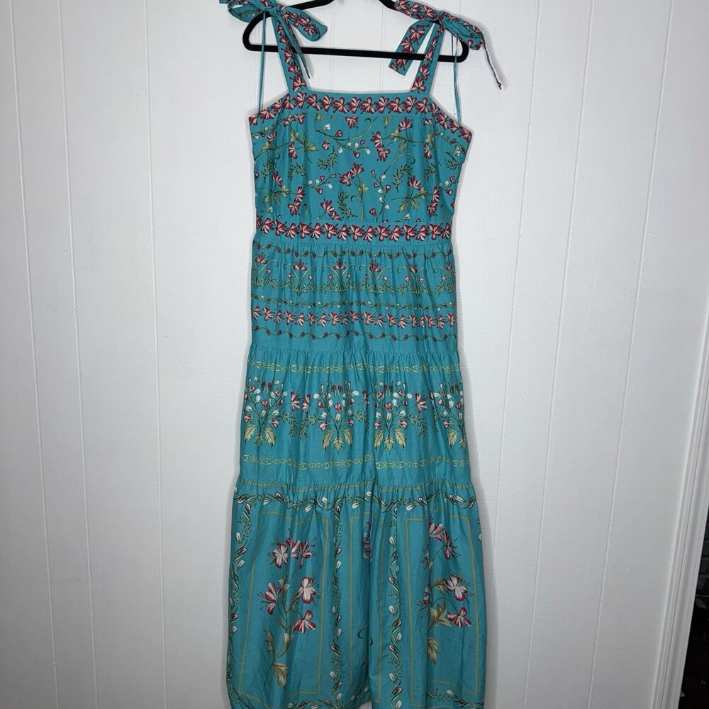 Crown & Ivy Women’s Floral Turquoise Tiered Maxi Dress Tie Straps Size XL